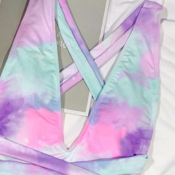 Blue Pink Purple Tie Dye Plunge V Criss Cross Back One Piece Swimsuit New - Picture 5 of 13